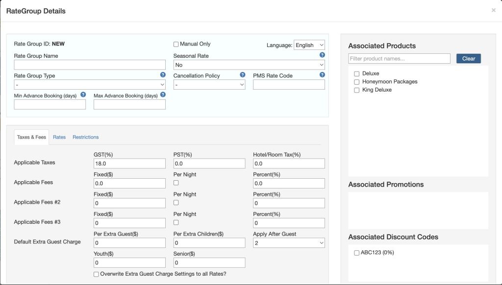 Enter information like rate group name, type, applicable taxes, fees, and associated products (room types)