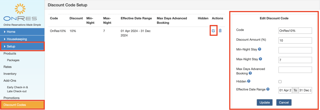 Editing an existing discount code in the OnRes system