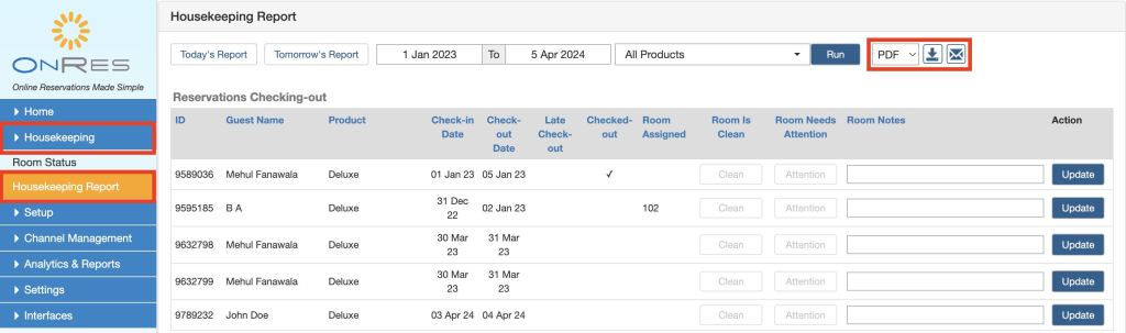 Export housekeeping report in the OnRes system