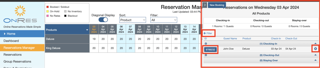 Managing reservations listed on the right panel of the OnRes screen