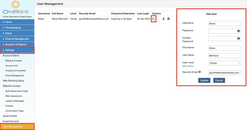 Modifying a user in the OnRes system