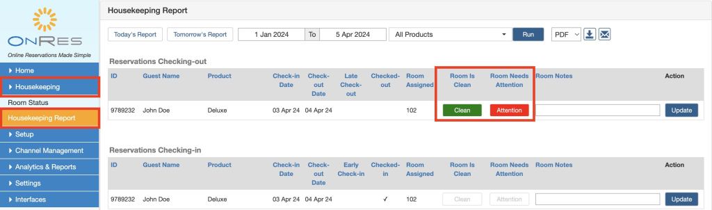 Updating housekeeping records in the OnRes system