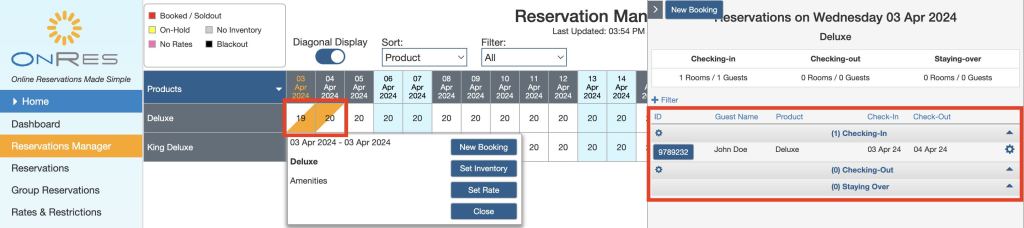 View reservation for a particular product (room type) on a particular date