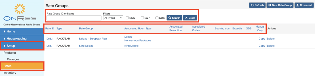 Viewing and finding rate groups in the OnRes system