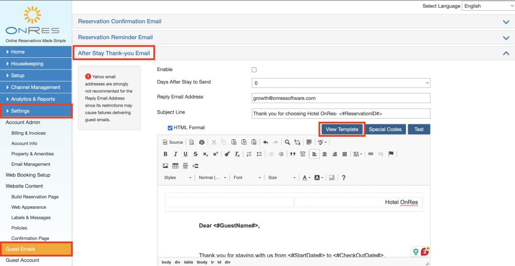 In-built templates to send emails after stay
