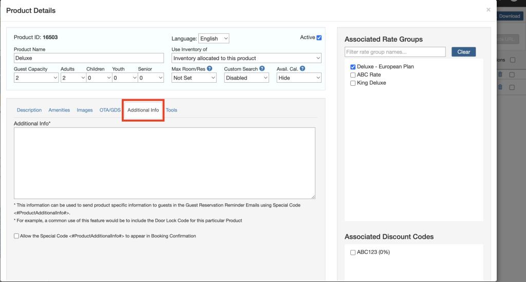 Enter product (room) specific information to the guests from here