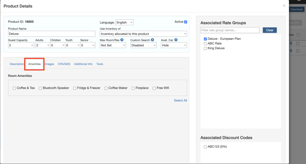 Add amenities available with the room in this tab