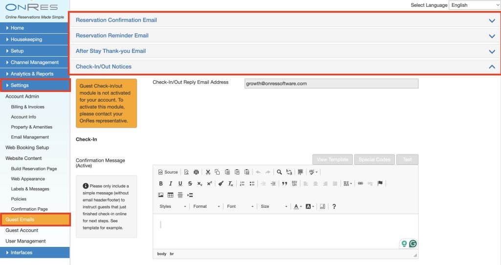 Configurations in the Guest Emails section