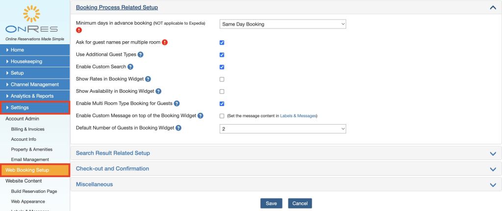 Web booking setup section