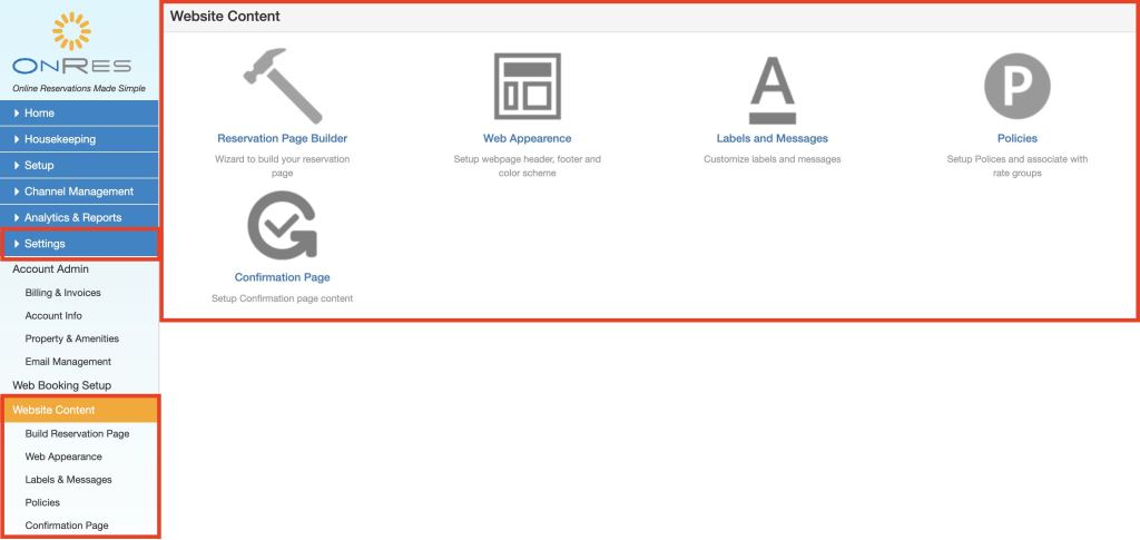 configurations in the website content section