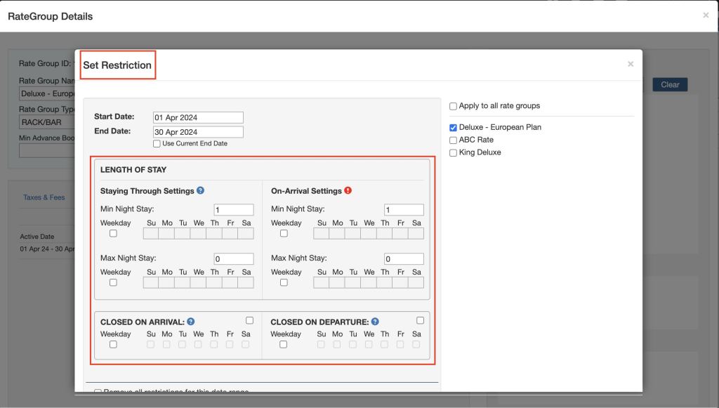 Setting restrictions in the OnRes system for stay