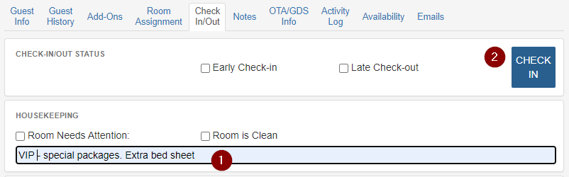 Notes for the housekeeping team during check-in