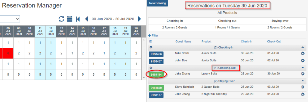 Reservations checking-out on a day in the Reservations Manager window