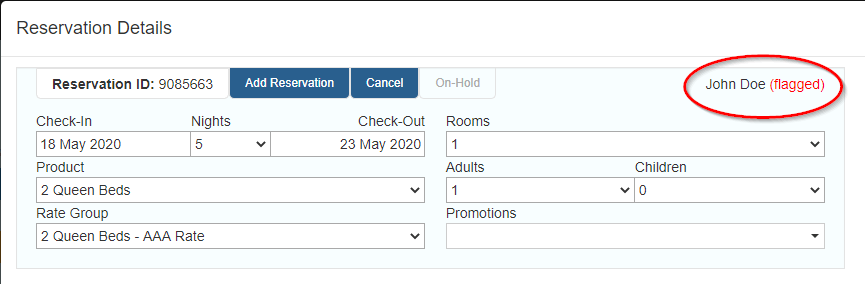 Flagged guest is displayed in the Reservation Details window