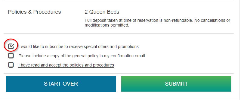 Guest consenting to receive emails, offers and promotions from the property