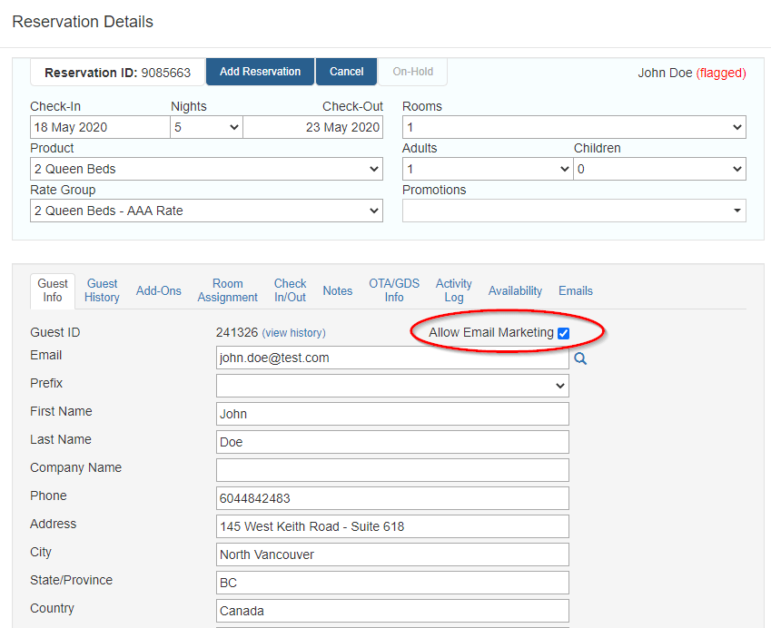 Allow email marketing to the guest from the reservation details window