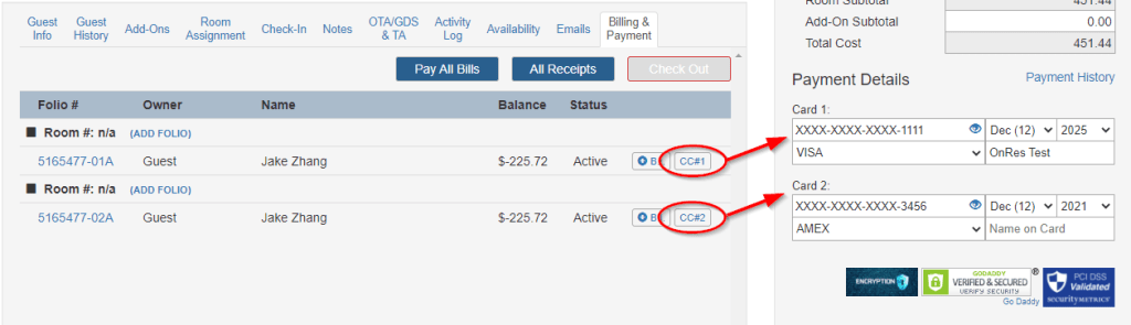 Associating credit card with a folio