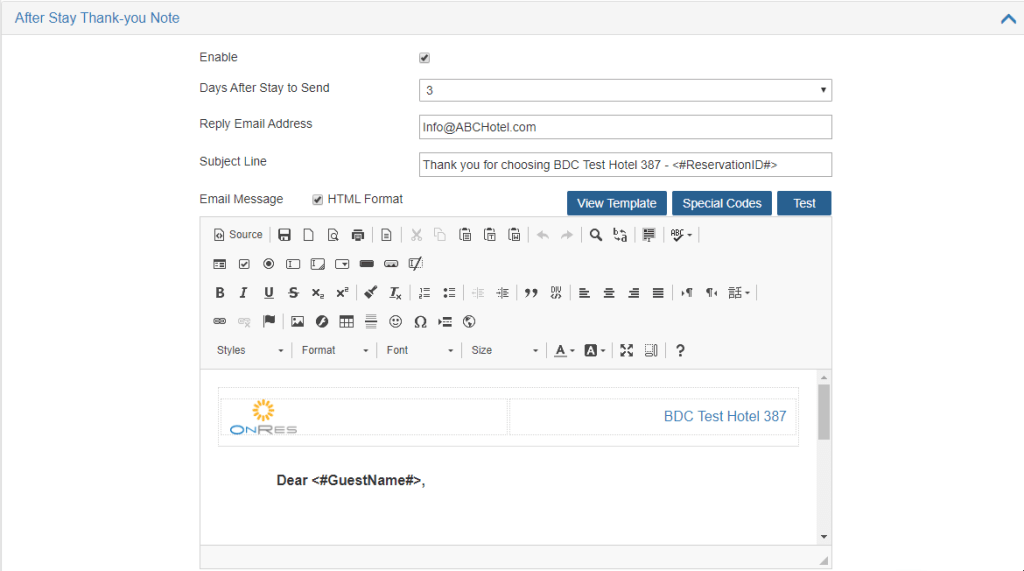 The rich text editor to set up the emails