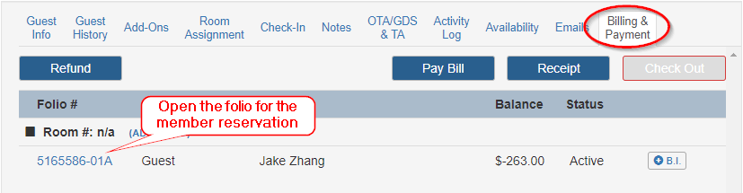 Open the folio from the Billing & Payment tab