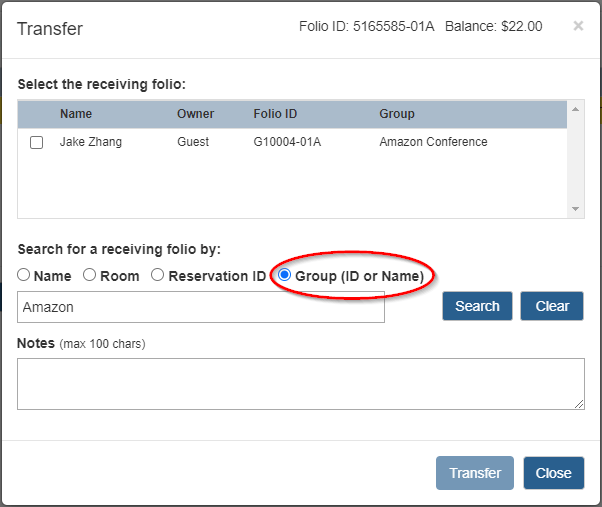 Search for the folio you want to transfer the selected folios to