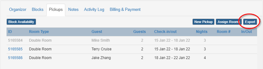 Export the list of pickup reservations