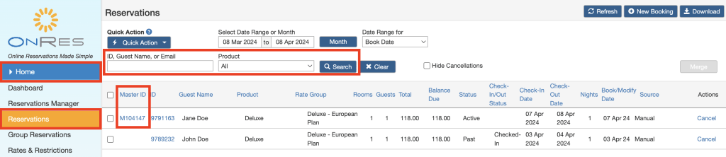 Find and sort a master reservation