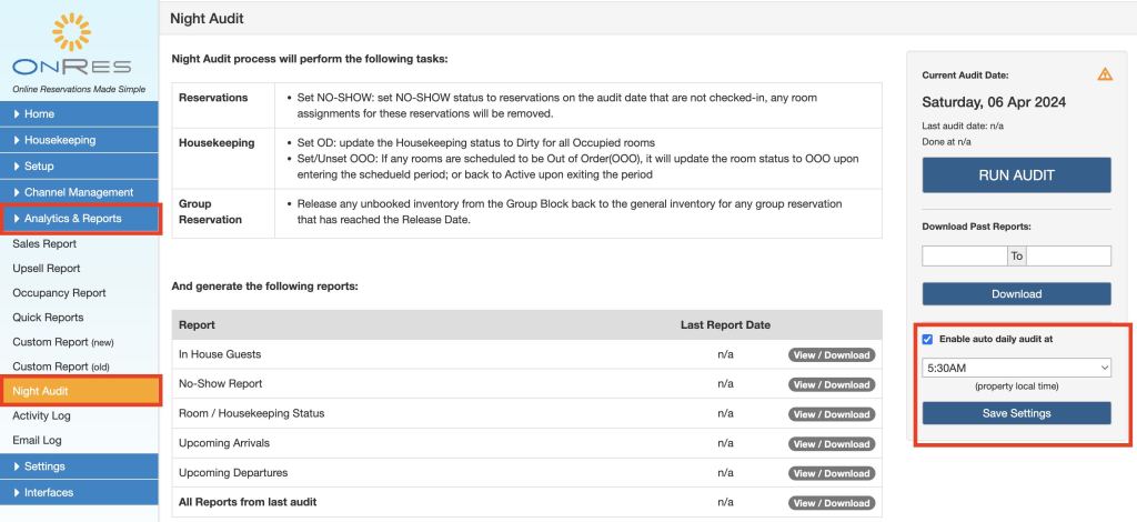 Enable daily auto night audit in the OnRes system