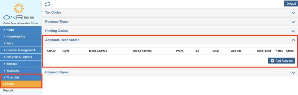 Accounts receivables configurations in the OnRes system