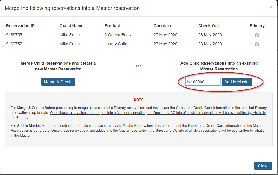 Merge reservations and add them to a specific master reservation