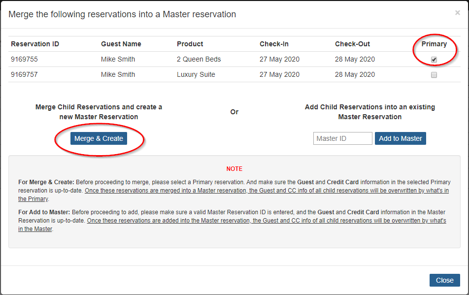 Merge & create a new master reservation