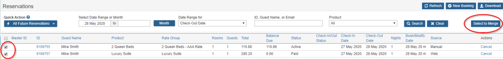 Select reservations to merge from the list of reservations