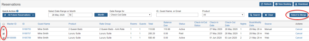 Select reservations to merge