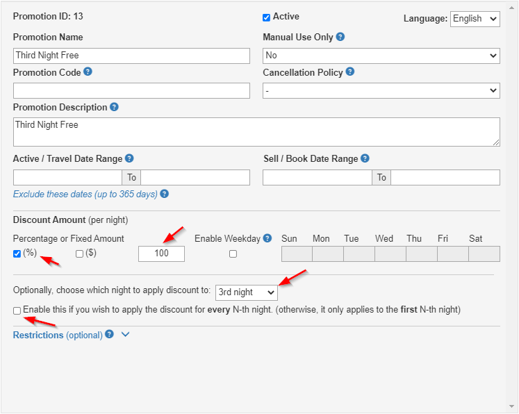 free night stay or 3rd night free promotions in the OnRes system