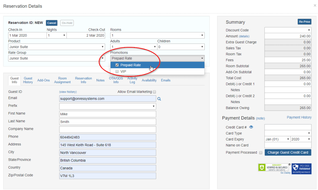 Applying promotions in the Reservation Details window